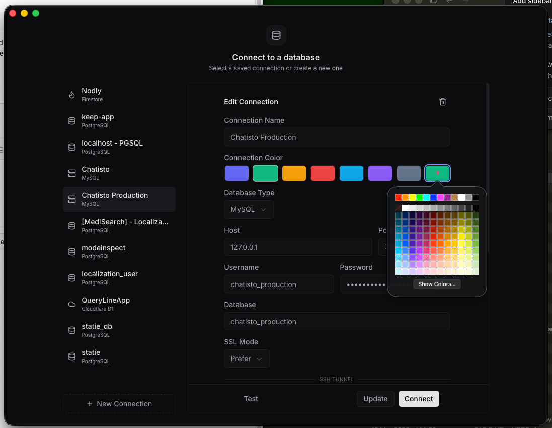 Queryline connection settings with custom connection color selection